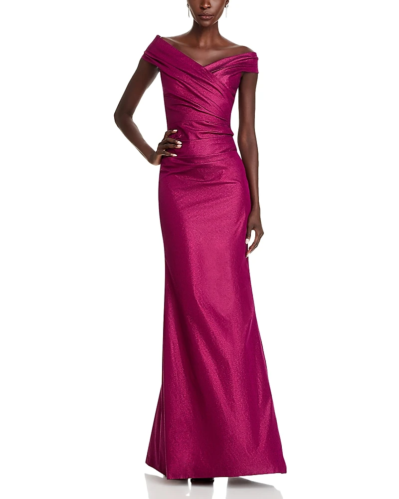 Teri Jon by Rickie Freeman Stretch Metallic Taffeta Off-the-Shoulder Gown