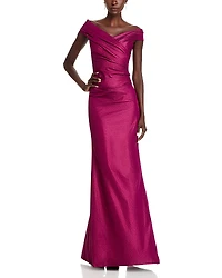 Teri Jon by Rickie Freeman Stretch Metallic Taffeta Off-the-Shoulder Gown