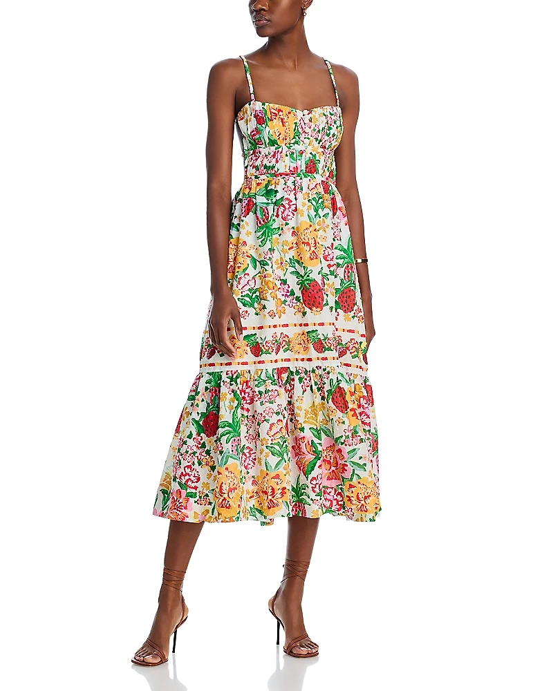 Farm Rio Floral Sketch White Midi Dress