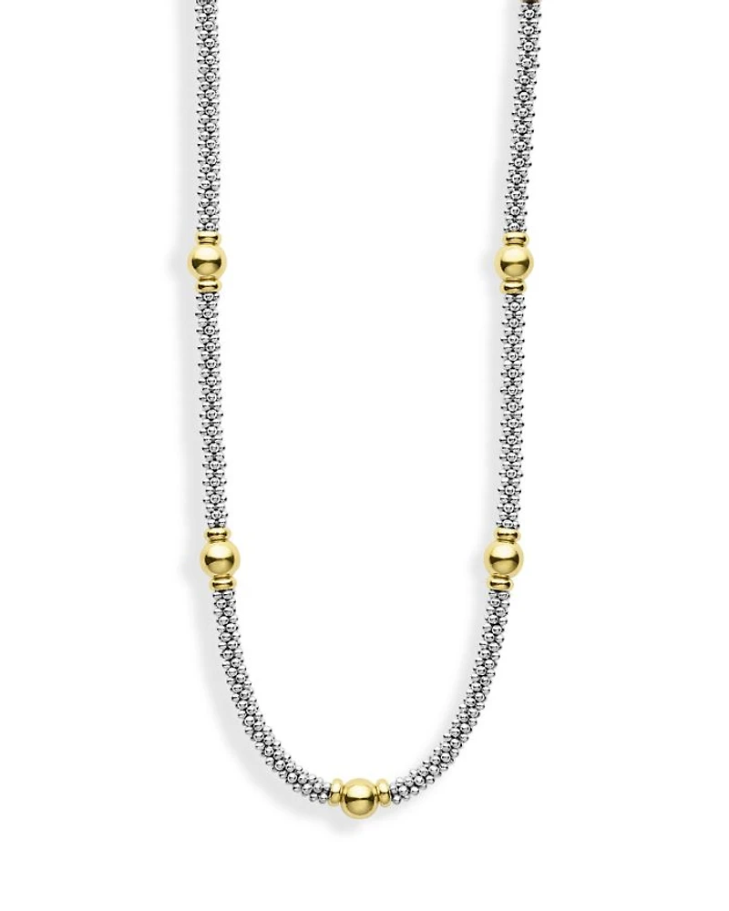 18K Yellow Gold & Sterling Silver Signature Caviar Two Tone Station Necklace, 18"