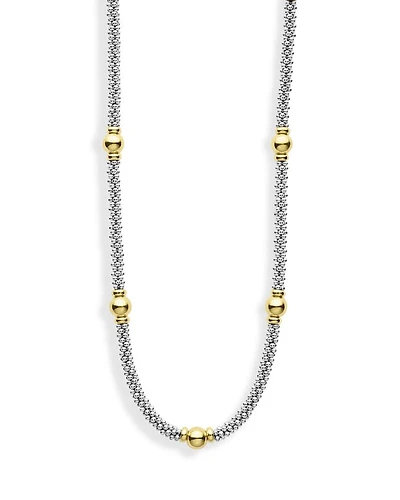 18K Yellow Gold & Sterling Silver Signature Caviar Two Tone Station Necklace, 18"