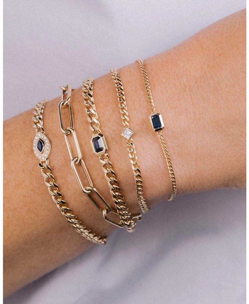 14K Yellow Gold Curb Chain Marquise Blue Sapphire Halo Bracelet
