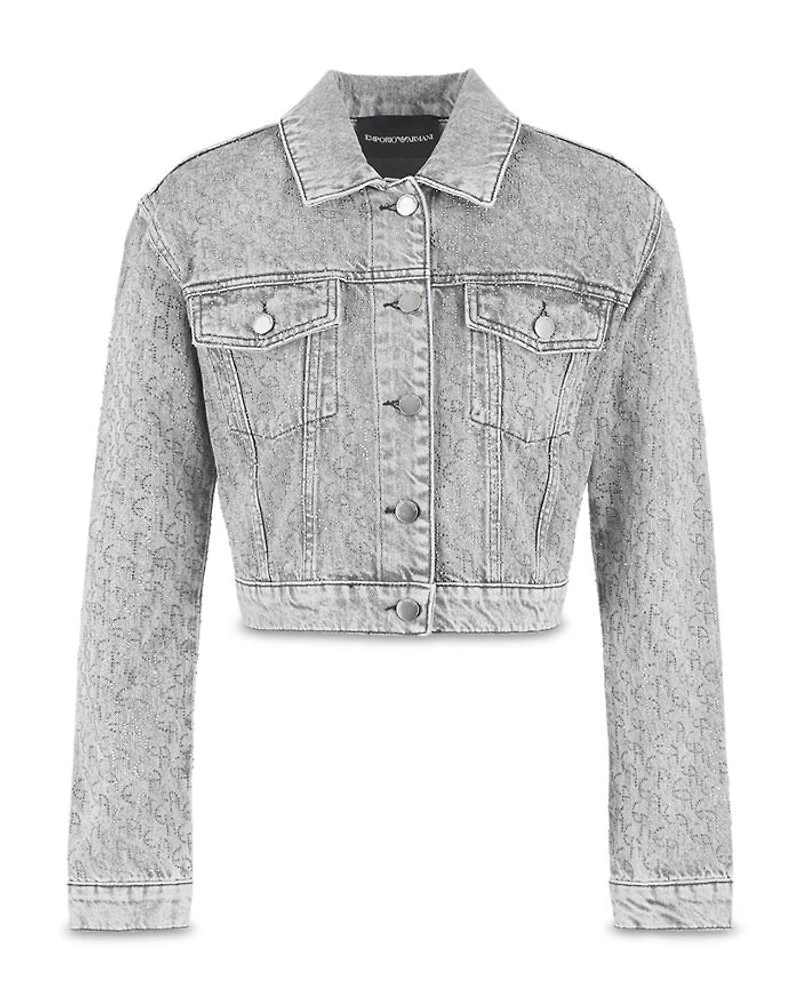 Rhinestone Logo Cropped Denim Jacket