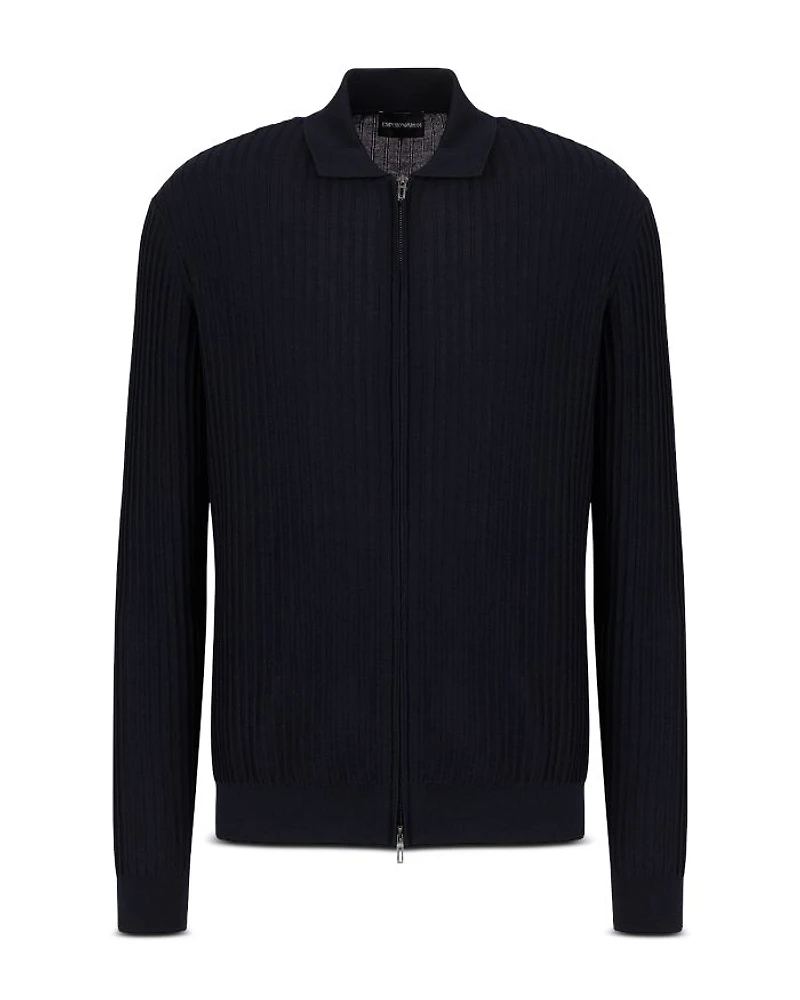 Travel Essentials Wool Ribbed Effect Full Zip Polo Cardigan