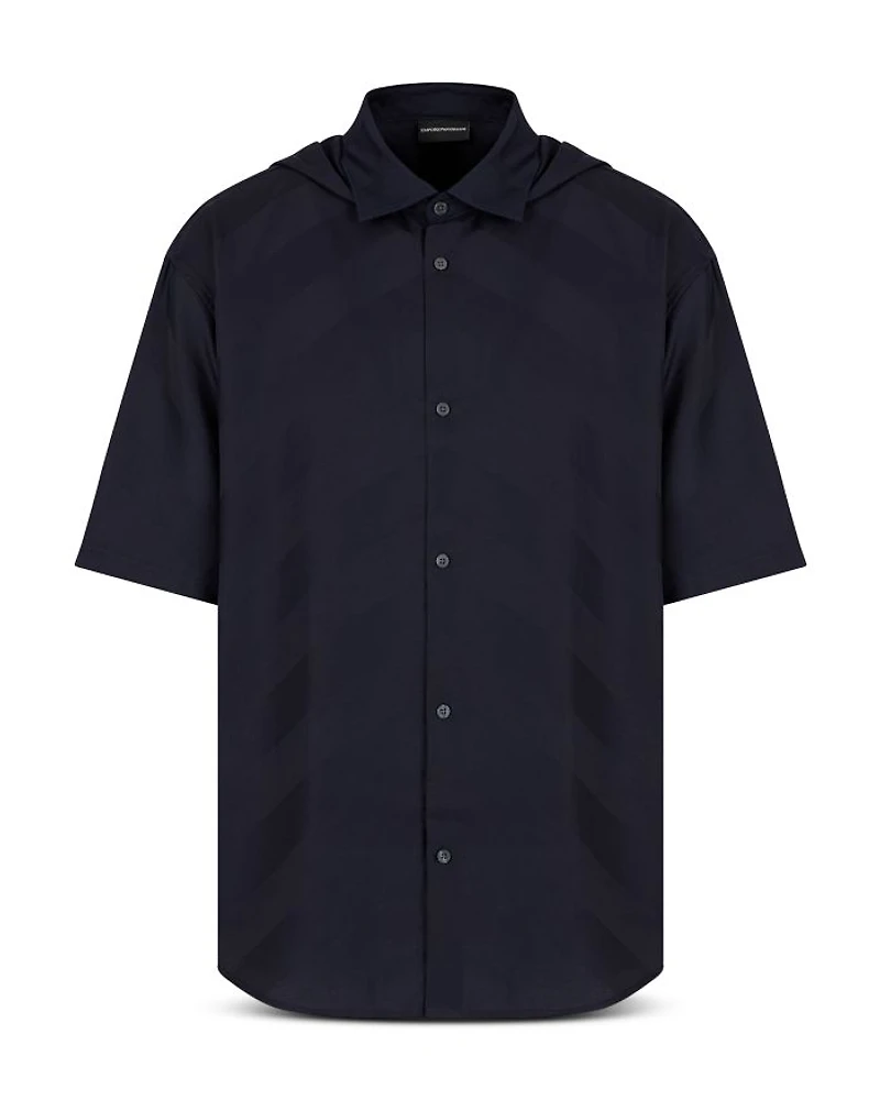 Chevron Patterned Hooded Short Sleeve Button Down Shirt