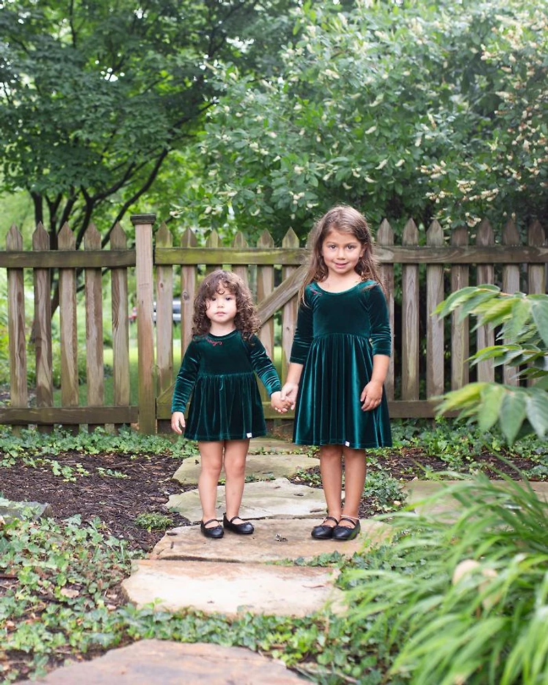 Girls' Holiday Twirly Dress Emerald Stretch Velvet - Little Kid, Big Kid
