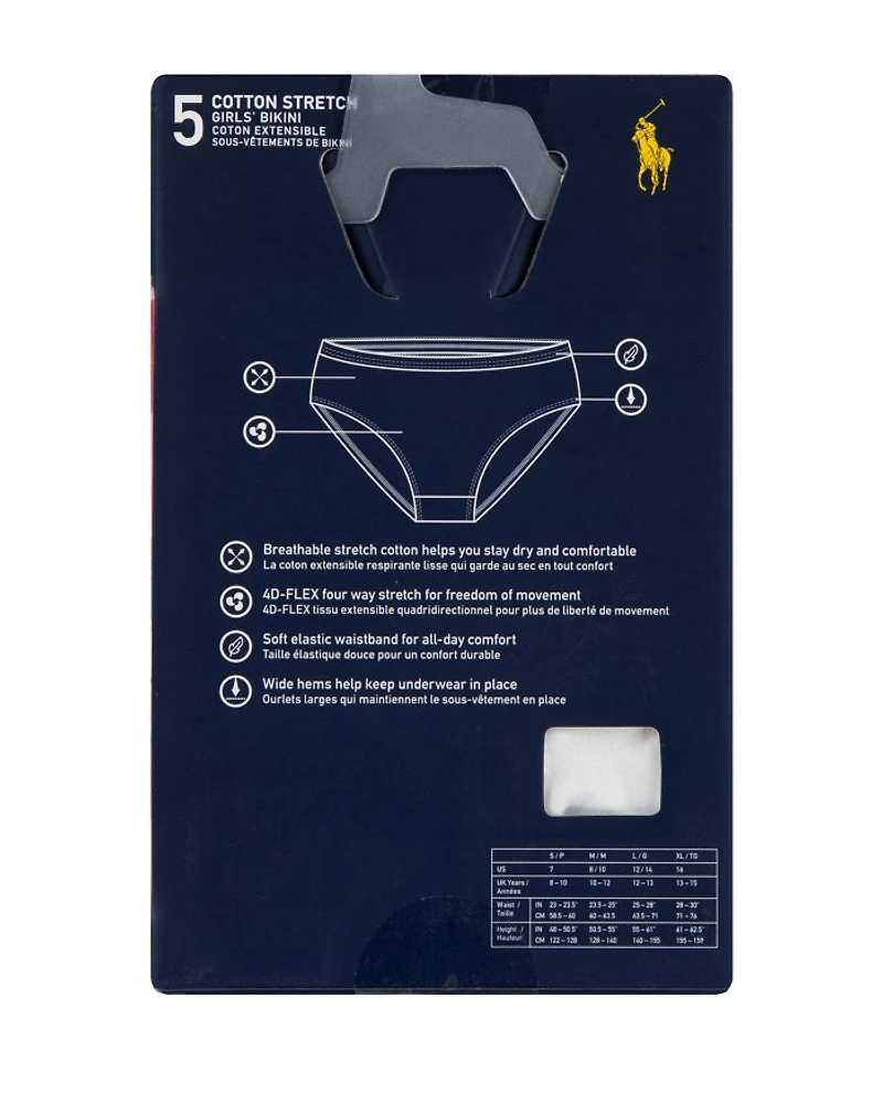 Girls' Cotton Stretch Jersey Bikini Briefs, Pack of 5 - Big Kid
