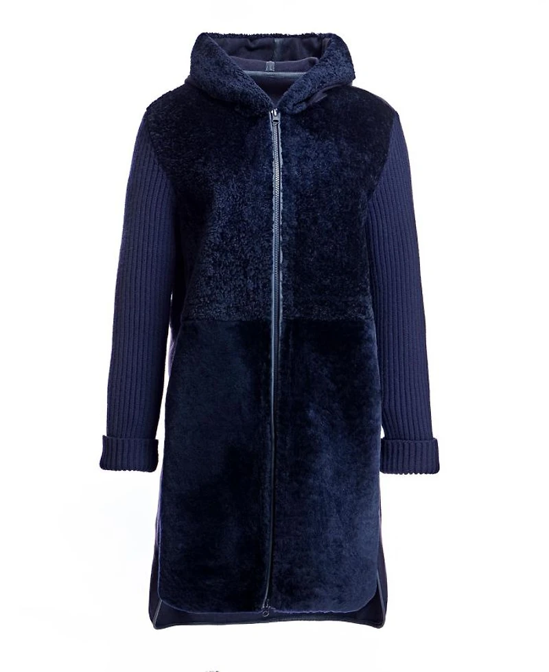 Hooded Shearling Coat with Knit Trim
