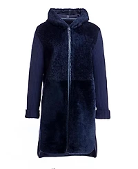 Hooded Shearling Coat with Knit Trim