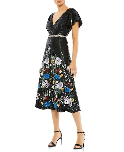 Embellished V Neck Flutter Sleeve Dress