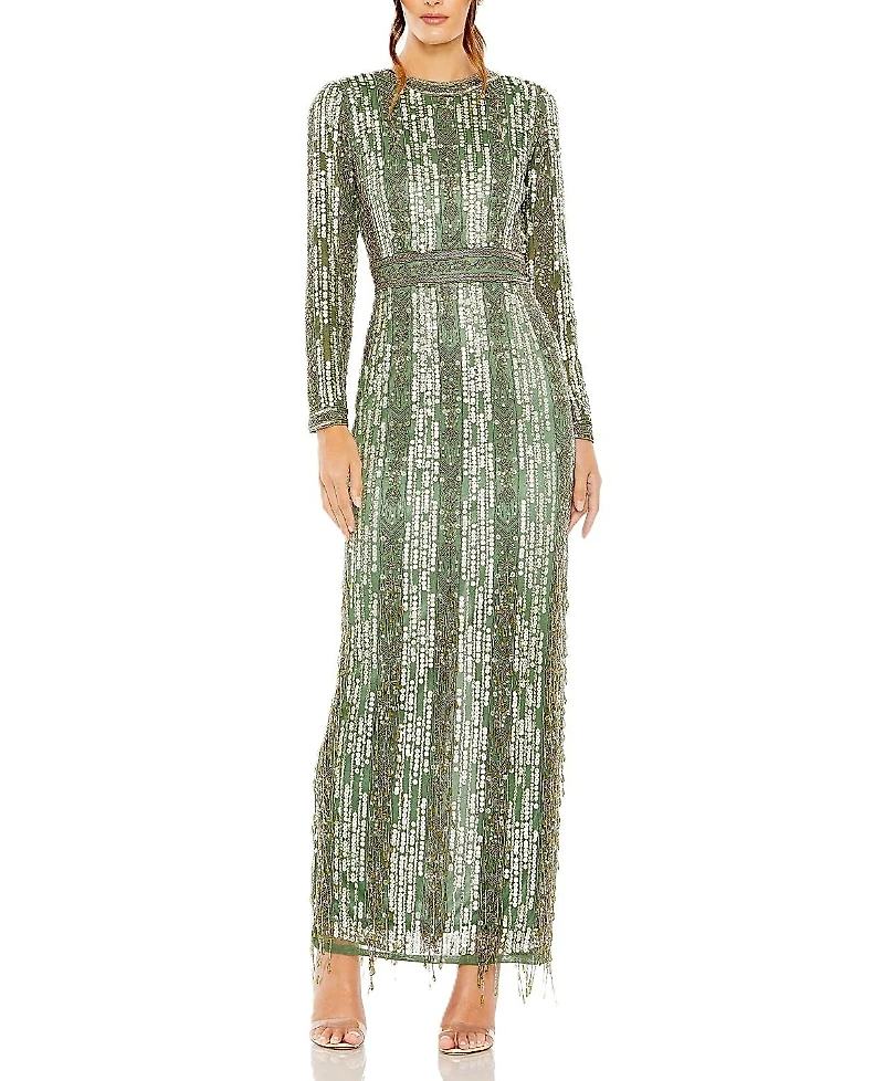 Mac Duggal High Neck Long Sleeve Crystal Fringe Column Gown