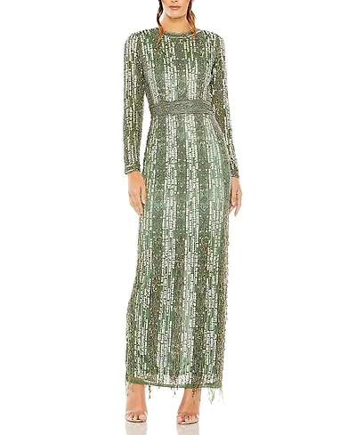 Mac Duggal High Neck Long Sleeve Crystal Fringe Column Gown