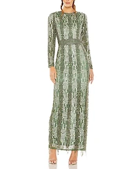 Mac Duggal High Neck Long Sleeve Crystal Fringe Column Gown