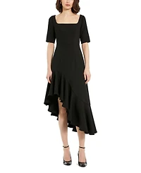 Crepe 3/4 Sleeve Asymmetrical Hem Belted Dress
