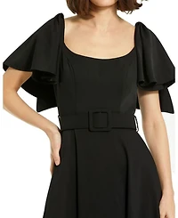 Crepe Ruffle Sleeve Belted Midi Dress