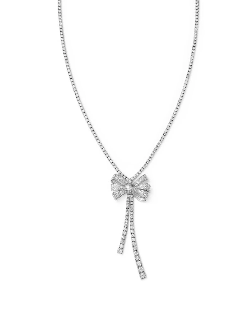 Diamond Bow Lariat Tennis Necklace in 14K White Gold, 10.00 tcw