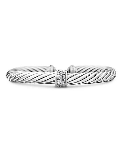 Classic Cable Station Bracelet Sterling Silver with Pavé Diamonds, 7mm