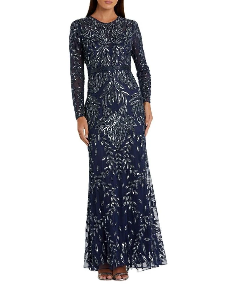 Long Sleeve Illusion Neckline Embellished Gown