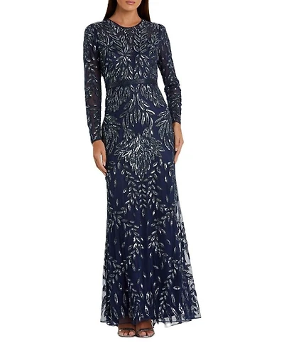 Long Sleeve Illusion Neckline Embellished Gown