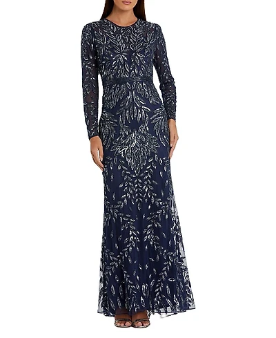 Mac Duggal Long Sleeve Illusion Neckline Embellished Gown