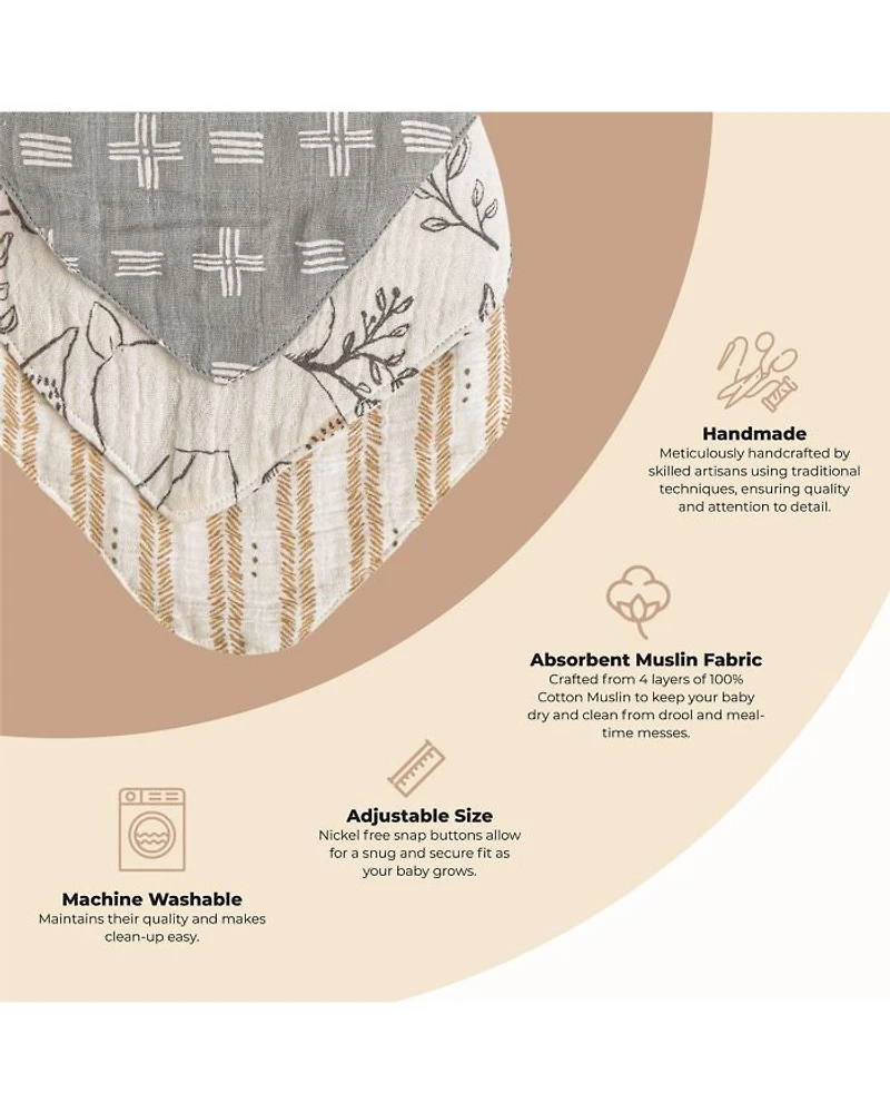 Ezra Woodland Muslin Bib Set, 3 Pack - Ages 0-36 Months