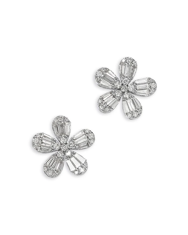 Diamond Flower Stud Earrings in 18K White Gold, 1.51 tcw