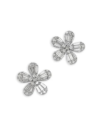 Diamond Flower Stud Earrings in 18K White Gold, 1.51 tcw