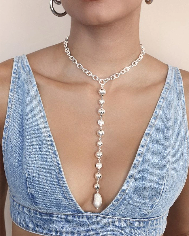 Deep Drop Cultured Freshwater Pearl Lariat Necklace in Silver Plated, 15"-20"