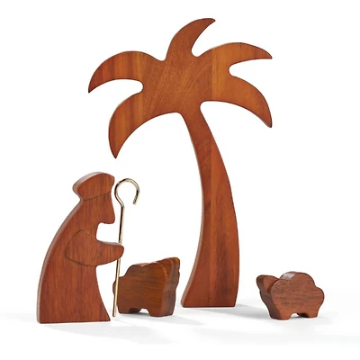 Wooden Shepherd with Lambs & Palm Tree Figurines, Set of 4