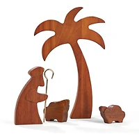 Wooden Shepherd with Lambs & Palm Tree Figurines, Set of 4