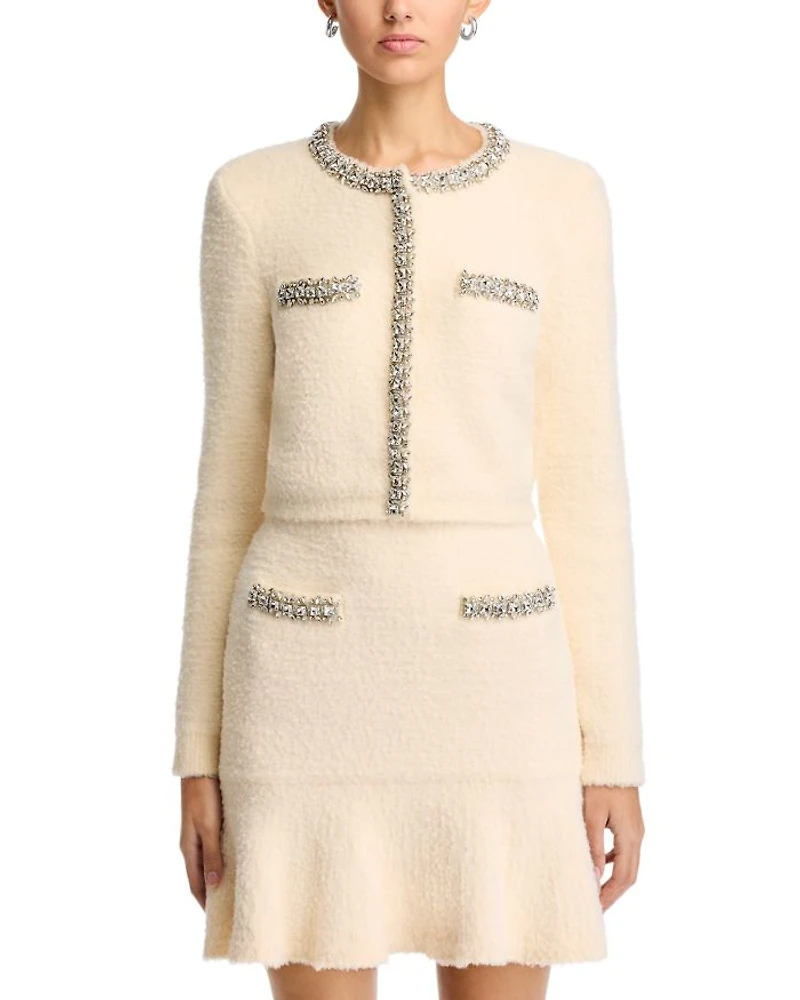 Cream Rhinestone Trim Knit Cardigan