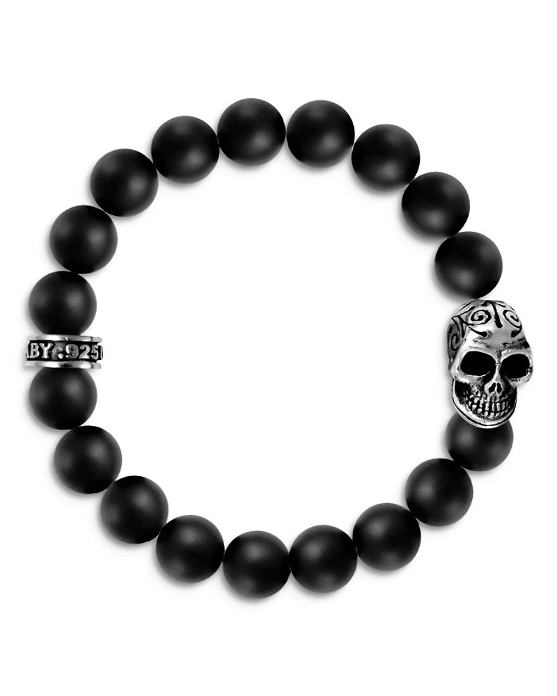 Black Onyx Bead Bracelet with Day of the Dead Skull