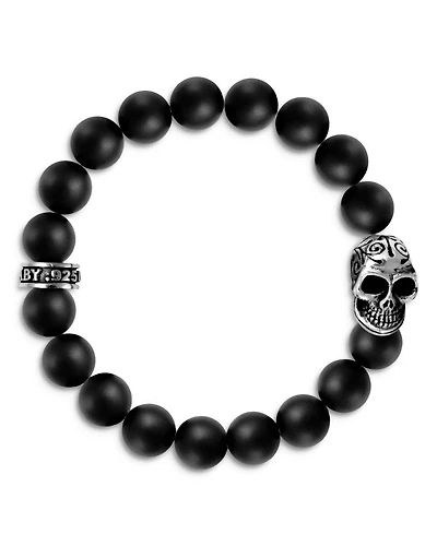 Black Onyx Bead Bracelet with Day of the Dead Skull