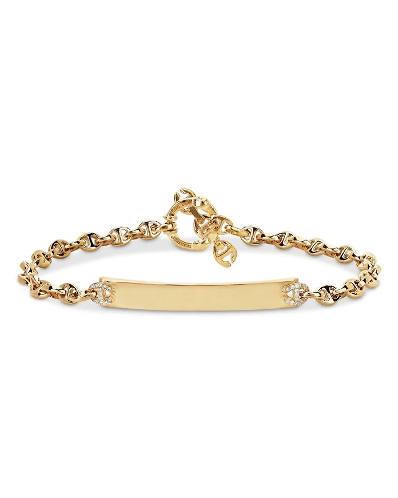 18K Yellow Gold Open Link Monogram Plate Bracelet with Diamonds, 0.16 tcw