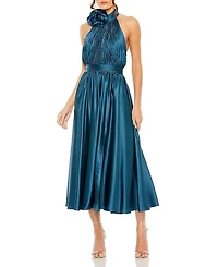 Mac Duggal Pleated Charmeuse High Neck Sleeveless Midi Dress