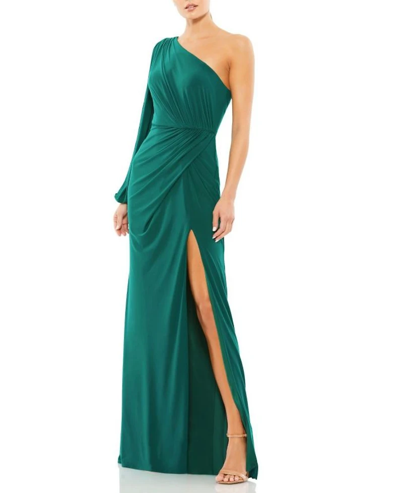 One Shoulder Puff Sleeve Faux Wrap Gown