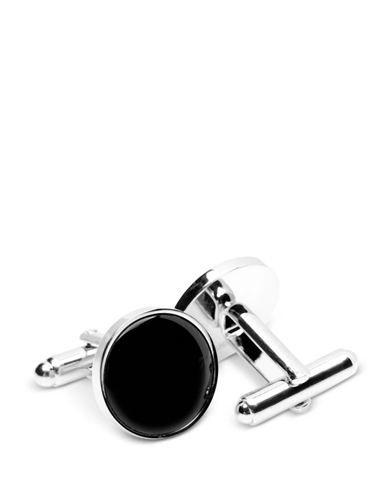 Onyx Inlay Silver Plated Round Stud & Cufflink Set