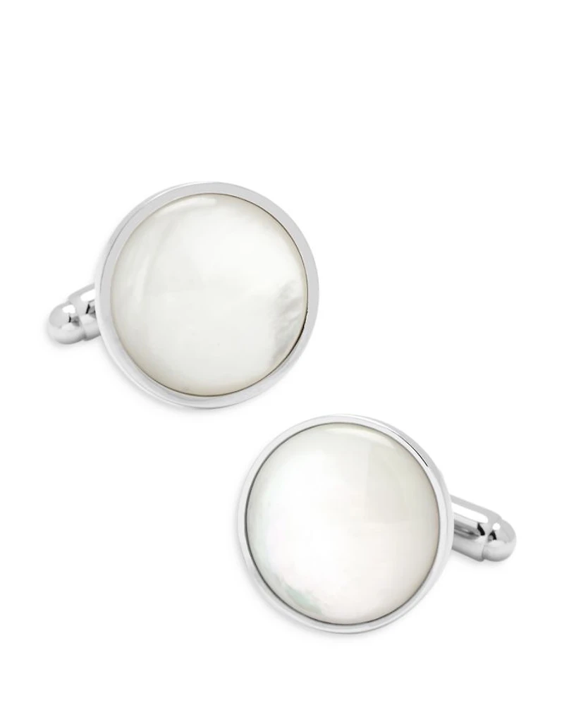 Mother of Pearl Inlay Rhodium Plated Round Stud & Cufflink Set
