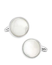Mother of Pearl Inlay Rhodium Plated Round Stud & Cufflink Set