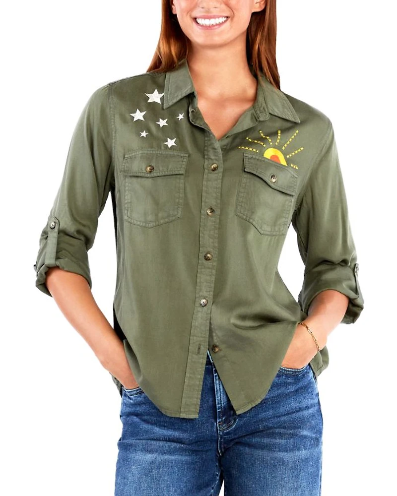Hello Sunshine Embroidered Denim Shirt