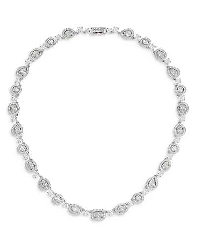 Radiant Cubic Zirconia Halo Collar Necklace in Rhodium Plated, 16"