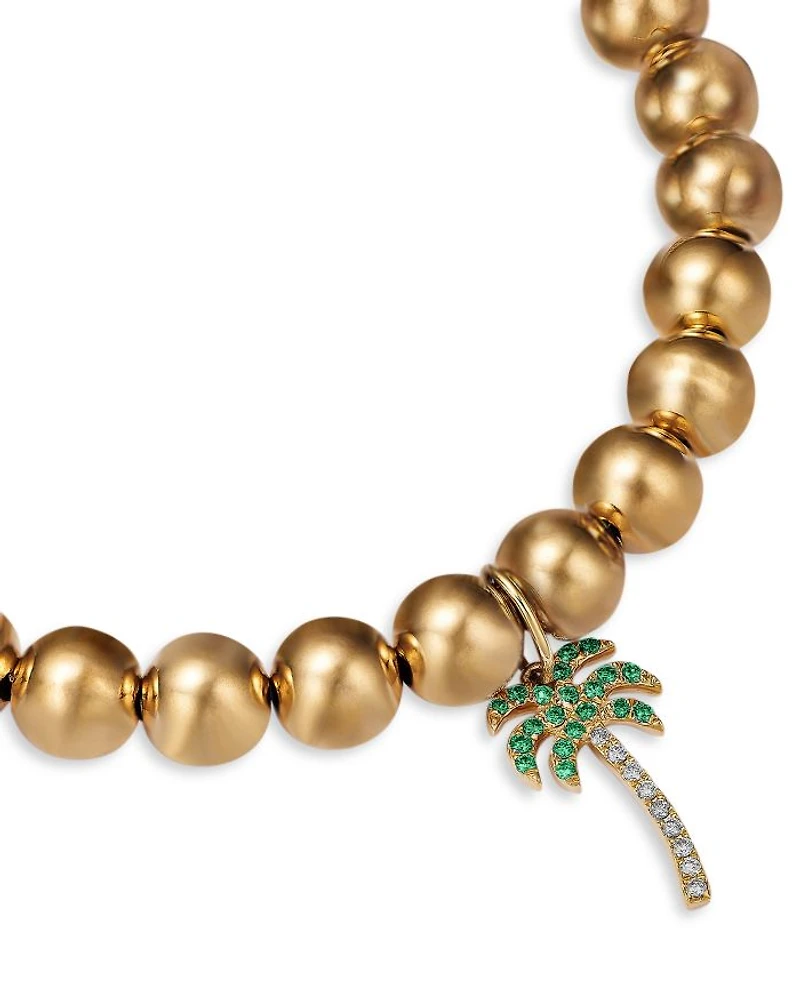 14K Yellow Gold Micro Pavé Diamond Palm Tree Charm Beaded Bracelet