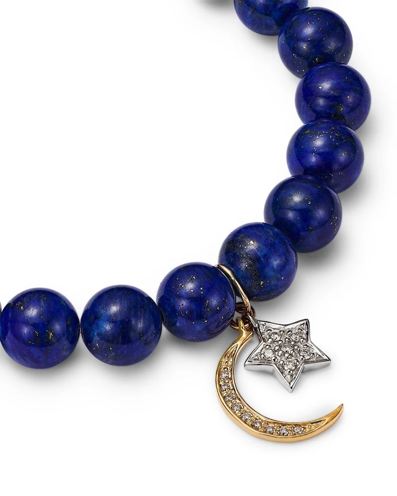 14K Yellow & White Gold Lapis Lazuli Beaded Diamond Celestial Charm Stretch Bracelet