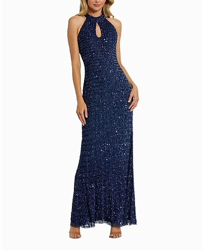 Mac Duggal Embellished Halter Neck Keyhole Gown