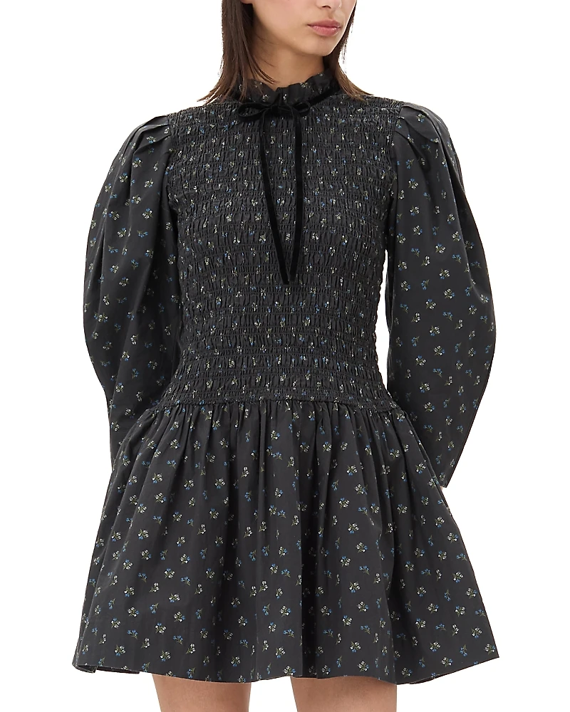 Ganni Printed Smocked Mini Dress