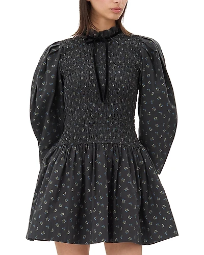 Ganni Printed Smocked Mini Dress