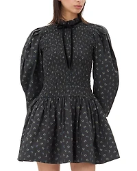 Ganni Printed Smocked Mini Dress