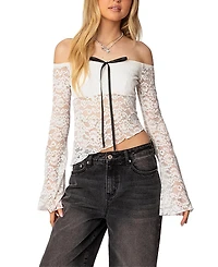 Edikted Asymmetric Sheer Lace Off Shoulder Top