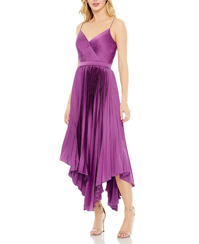 Mac Duggal Pleated Satin Flowy Midi Dress