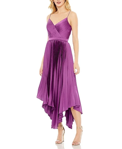 Mac Duggal Pleated Satin Flowy Midi Dress